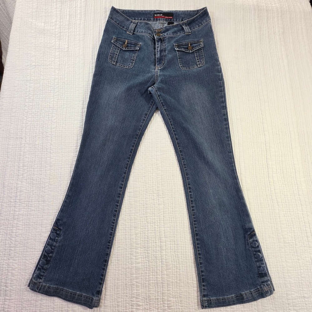 Kikit Maurice Sasson Snap Hem Flare Leg Jeans Blue Women 12 Flap Pockets